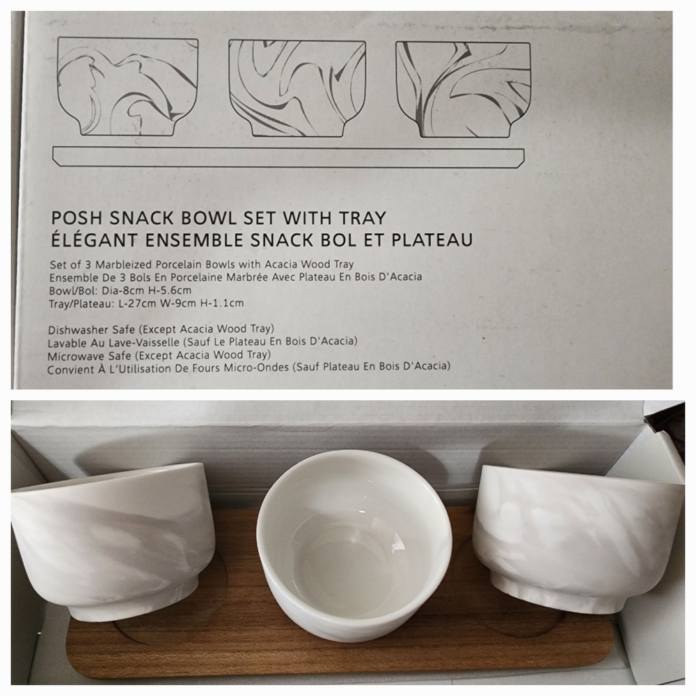 Posh snack bowl set with wooden tray.